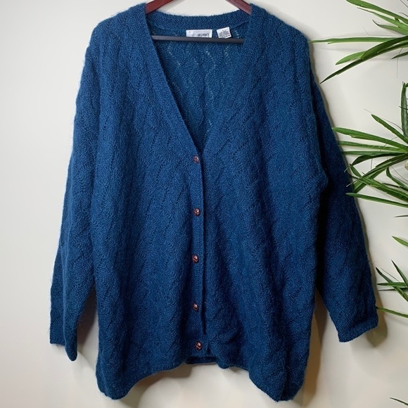 Yarnworks Sweaters - Yarnworks Blue Mohair Acrylic Blend Button Down Textured Knit V Neck Cardigan L